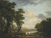 An extensive wooded river landscape with shepherds recicling in the foreground and ruins beyond George Barret